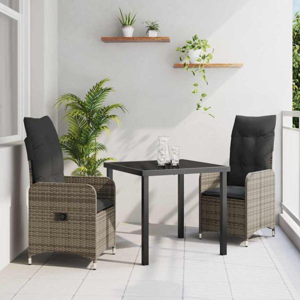 ARDEBO.de - 3-teiliges Garten-Esszimmer-Set mit Kissen Grau Poly Rattan