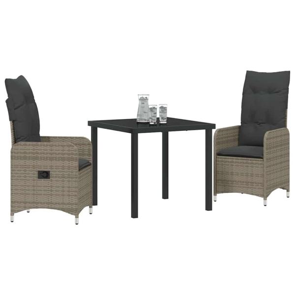 3-teiliges Garten-Esszimmer-Set mit Kissen Grau Poly Rattan