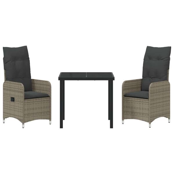 3-teiliges Garten-Esszimmer-Set mit Kissen Grau Poly Rattan