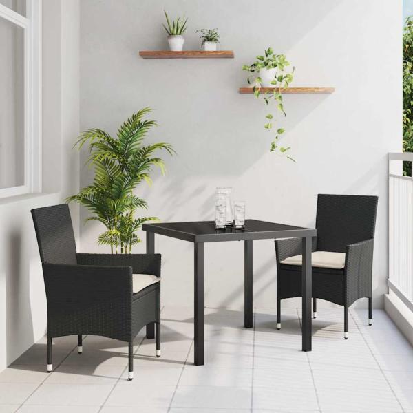 ARDEBO.de - 3-teiliges Garten Essset mit Kissen Schwarz Poly Rattan, Gartentisch Schwarz 80x80x73 cm Temperiertes Glas