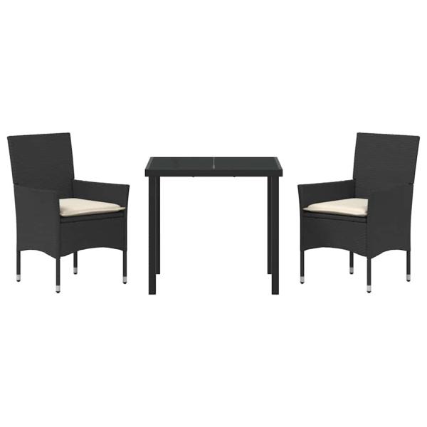 3-teiliges Garten Essset mit Kissen Schwarz Poly Rattan, Gartentisch Schwarz 80x80x73 cm Temperiertes Glas