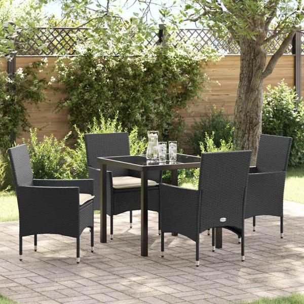 ARDEBO.de - 5-teiliges Garten-Dining-Set mit Kissen Schwarzes Poly-Rattan, Gartentisch Schwarz 80x80x73 cm Sicherheitsglas