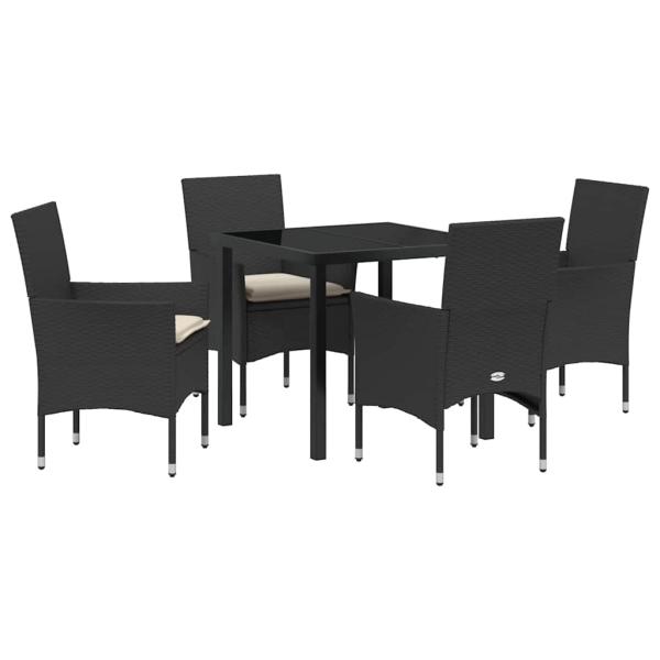 5-teiliges Garten-Dining-Set mit Kissen Schwarzes Poly-Rattan, Gartentisch Schwarz 80x80x73 cm Sicherheitsglas