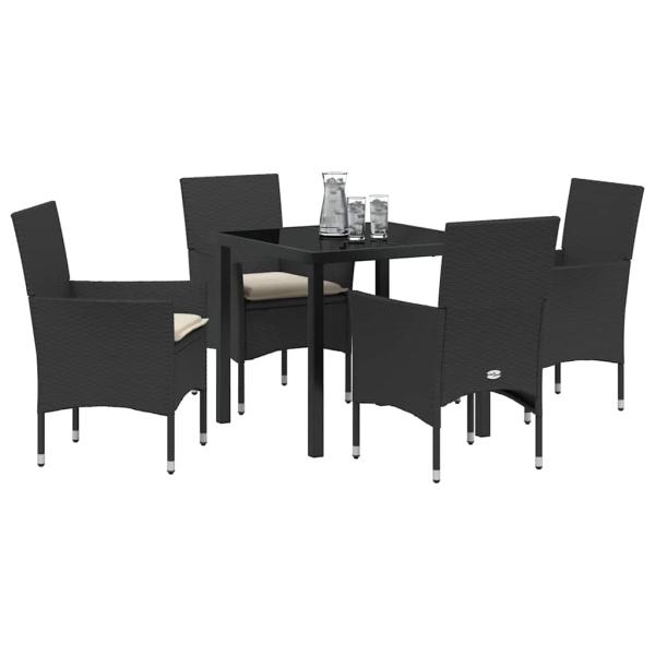 5-teiliges Garten-Dining-Set mit Kissen Schwarzes Poly-Rattan, Gartentisch Schwarz 80x80x73 cm Sicherheitsglas