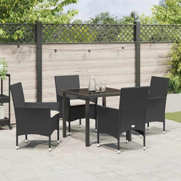 5-teiliges Garten-Dining-Set mit Kissen Schwarzes Poly-Rattan, Gartentisch Schwarz 80x80x73 cm Sicherheitsglas