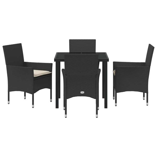 5-teiliges Garten-Dining-Set mit Kissen Schwarzes Poly-Rattan, Gartentisch Schwarz 80x80x73 cm Sicherheitsglas