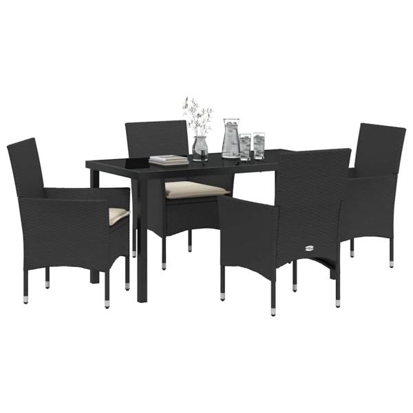 ARDEBO.de - 5-teiliges Garten Essgruppe mit Kissen Schwarz Poly-Rattan, Gartentisch Schwarz 140x80x73 cm Sicherheitsglas