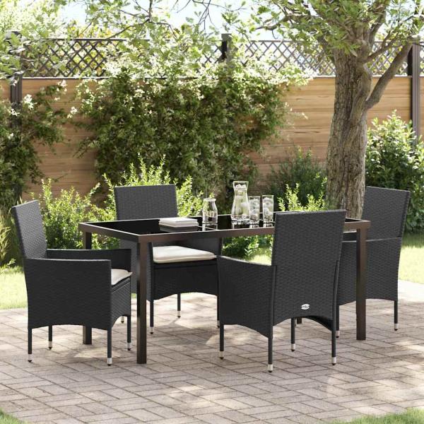 ARDEBO.de - 5-teiliges Garten-Essgruppe mit Kissen Schwarz Poly Rattan, Gartentisch Schwarz 160x80x73 cm Temperede Glass