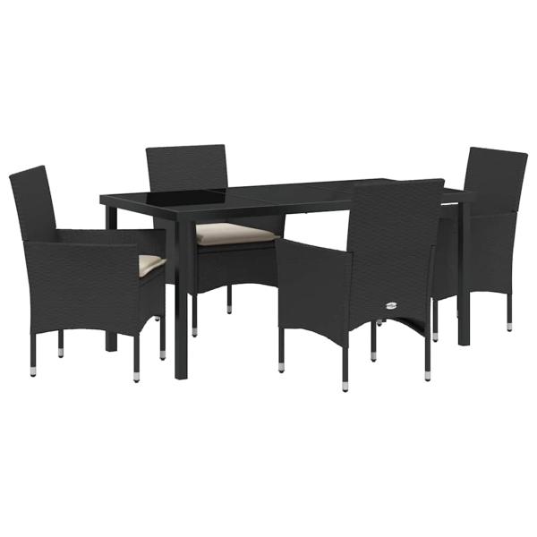 5-teiliges Garten-Essgruppe mit Kissen Schwarz Poly Rattan, Gartentisch Schwarz 160x80x73 cm Temperede Glass