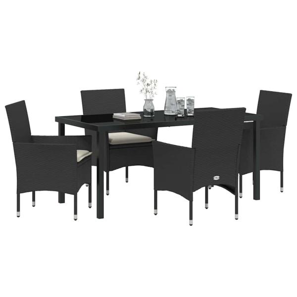 5-teiliges Garten-Essgruppe mit Kissen Schwarz Poly Rattan, Gartentisch Schwarz 160x80x73 cm Temperede Glass