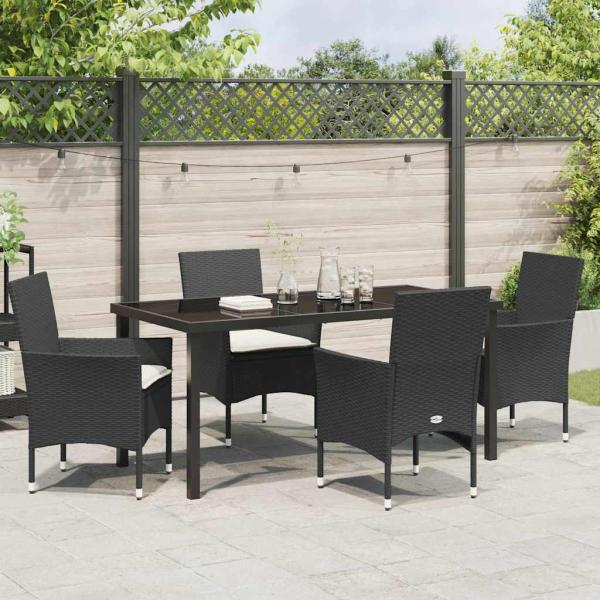 5-teiliges Garten-Essgruppe mit Kissen Schwarz Poly Rattan, Gartentisch Schwarz 160x80x73 cm Temperede Glass