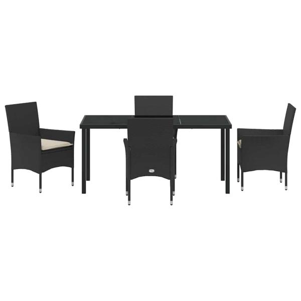 5-teiliges Garten-Essgruppe mit Kissen Schwarz Poly Rattan, Gartentisch Schwarz 160x80x73 cm Temperede Glass