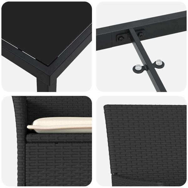 5-teiliges Garten-Essgruppe mit Kissen Schwarz Poly Rattan, Gartentisch Schwarz 160x80x73 cm Temperede Glass
