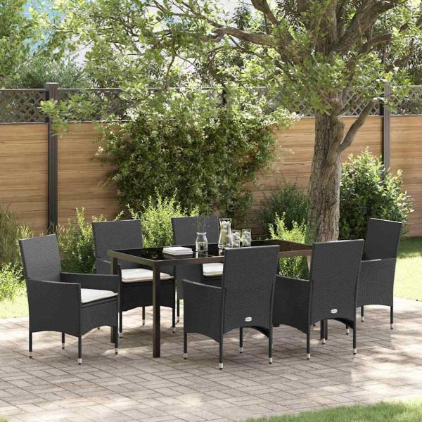 ARDEBO.de - 7 Teile Garten Essset mit Kissen Schwarz Poly Rattan, Gartentisch Schwarz 160x80x73 cm Gehärtetes Glas