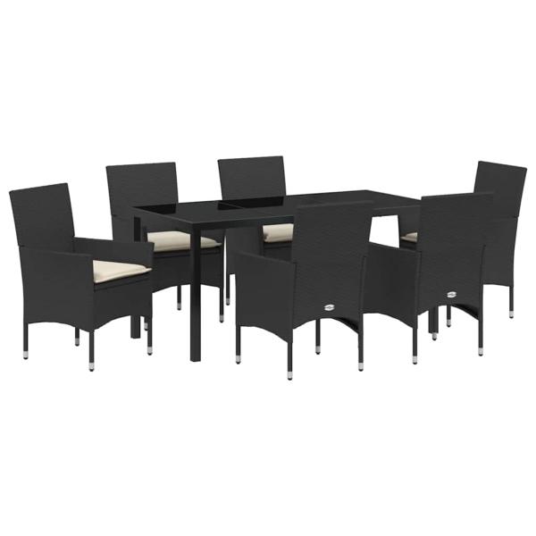 7 Teile Garten Essset mit Kissen Schwarz Poly Rattan, Gartentisch Schwarz 160x80x73 cm Gehärtetes Glas