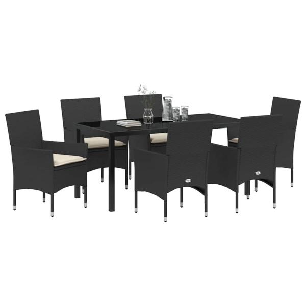 7 Teile Garten Essset mit Kissen Schwarz Poly Rattan, Gartentisch Schwarz 160x80x73 cm Gehärtetes Glas