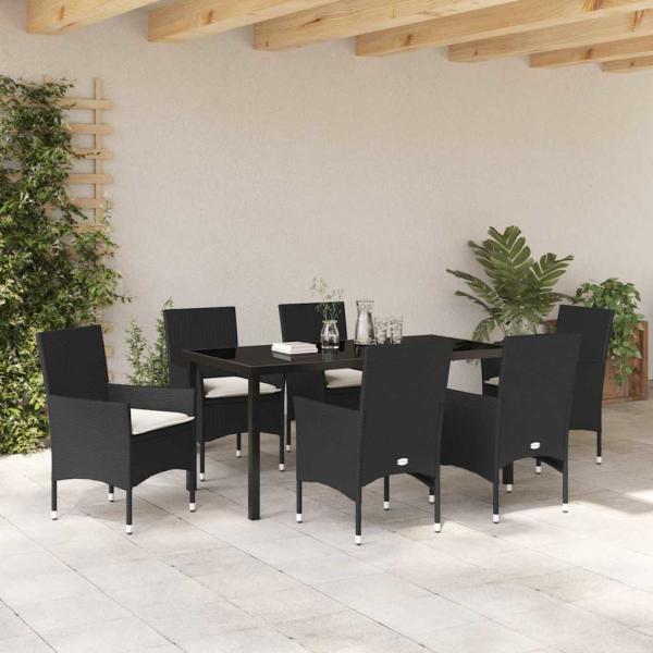 7 Teile Garten Essset mit Kissen Schwarz Poly Rattan, Gartentisch Schwarz 160x80x73 cm Gehärtetes Glas