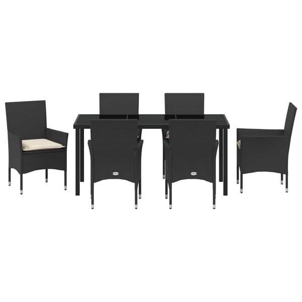 7 Teile Garten Essset mit Kissen Schwarz Poly Rattan, Gartentisch Schwarz 160x80x73 cm Gehärtetes Glas