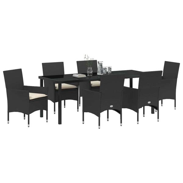 ARDEBO.de - 7-teilige Garten Essgruppe mit Kissen Schwarz Poly Rattan, Gartentisch Schwarz 200x80x73 cm Sicherheitsglas