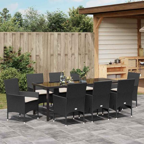 9-teiliges Garten Essgruppe mit Kissen aus schwarzem Poly-Rattan, Gartentisch schwarz 200x80x73 cm mit Sicherheitsglas