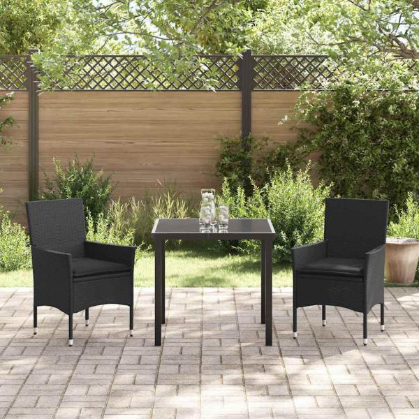 3-teiliges Garten Essgruppe mit Kissen Schwarzes Poly-Rattan, Gartentisch Schwarz 80x80x73 cm mit Sicherheitsglas