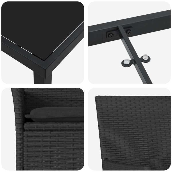3-teiliges Garten Essgruppe mit Kissen Schwarzes Poly-Rattan, Gartentisch Schwarz 80x80x73 cm mit Sicherheitsglas
