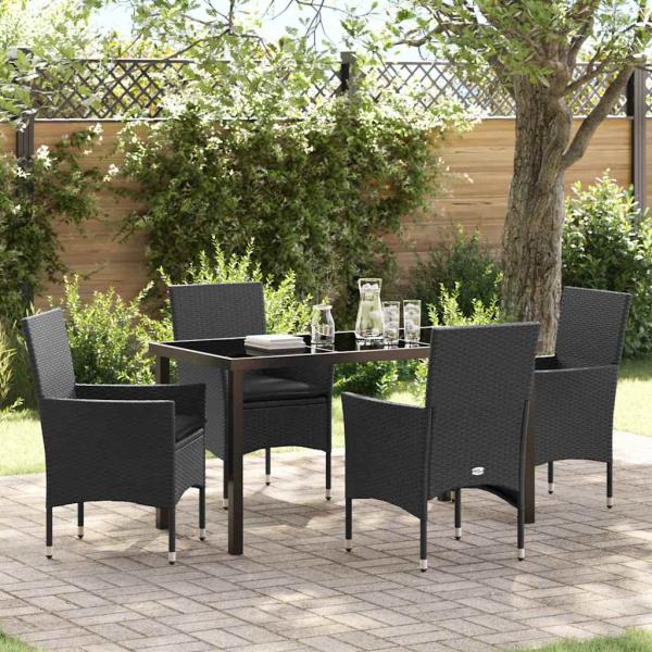 ARDEBO.de - 5-teiliges Garten Essgruppe Set mit Kissen Schwarz Poly-Rattan, Gartentisch Schwarz 140x80x73 cm Sicherheitsglas
