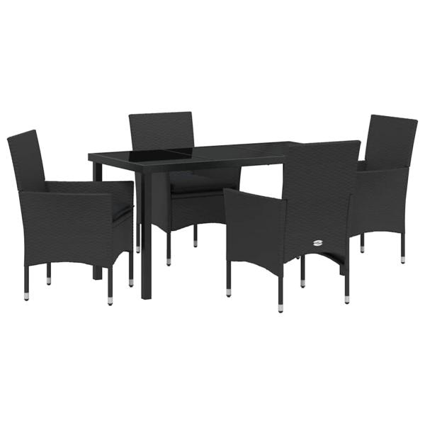 5-teiliges Garten Essgruppe Set mit Kissen Schwarz Poly-Rattan, Gartentisch Schwarz 140x80x73 cm Sicherheitsglas