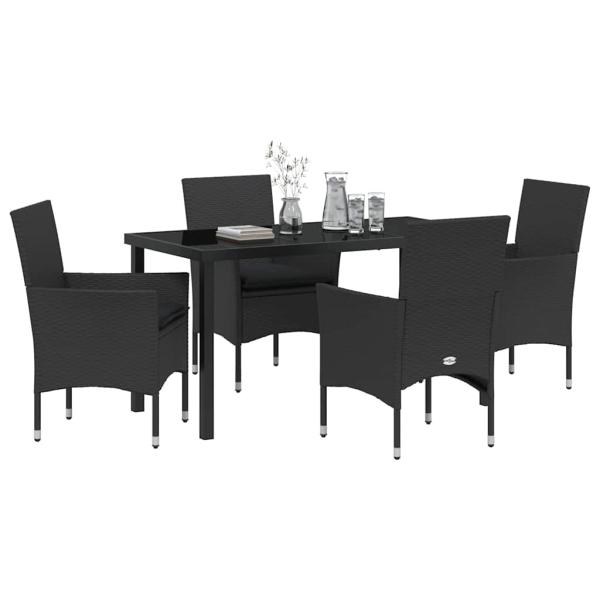 5-teiliges Garten Essgruppe Set mit Kissen Schwarz Poly-Rattan, Gartentisch Schwarz 140x80x73 cm Sicherheitsglas