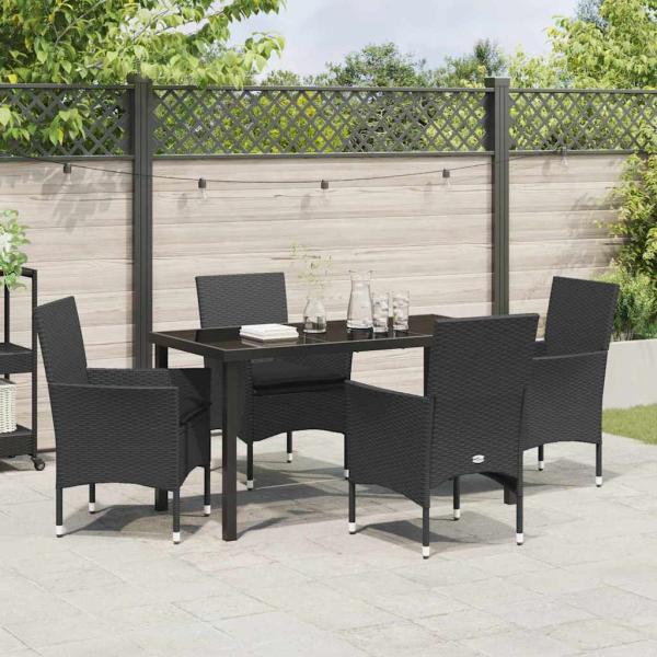 5-teiliges Garten Essgruppe Set mit Kissen Schwarz Poly-Rattan, Gartentisch Schwarz 140x80x73 cm Sicherheitsglas