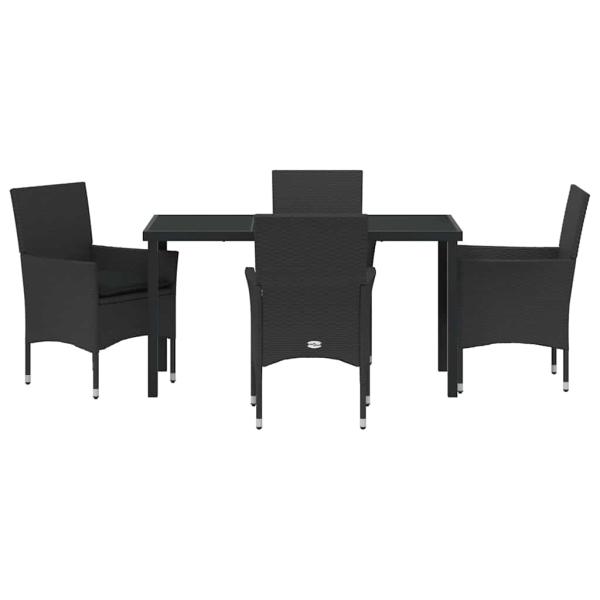 5-teiliges Garten Essgruppe Set mit Kissen Schwarz Poly-Rattan, Gartentisch Schwarz 140x80x73 cm Sicherheitsglas