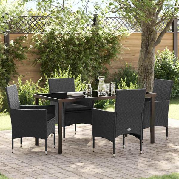 ARDEBO.de - 5-teiliges Garten-Essset mit Kissen Schwarz Poly-Rattan, Gartentisch Schwarz 160x80x73 cm Sicherheitsglas