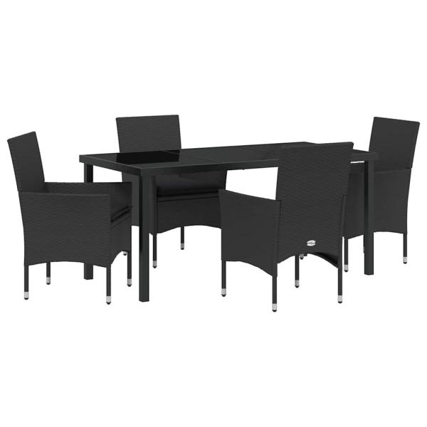 5-teiliges Garten-Essset mit Kissen Schwarz Poly-Rattan, Gartentisch Schwarz 160x80x73 cm Sicherheitsglas