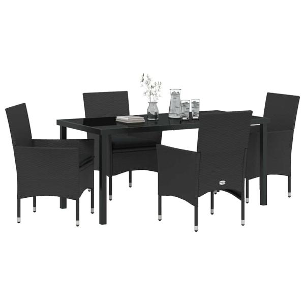 5-teiliges Garten-Essset mit Kissen Schwarz Poly-Rattan, Gartentisch Schwarz 160x80x73 cm Sicherheitsglas