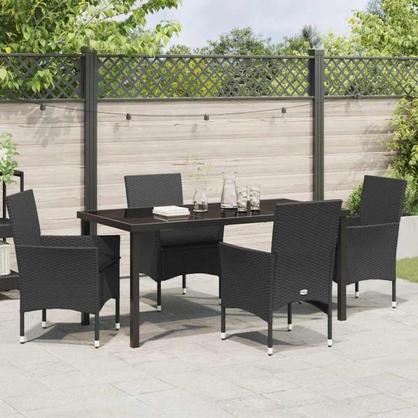 5-teiliges Garten-Essset mit Kissen Schwarz Poly-Rattan, Gartentisch Schwarz 160x80x73 cm Sicherheitsglas