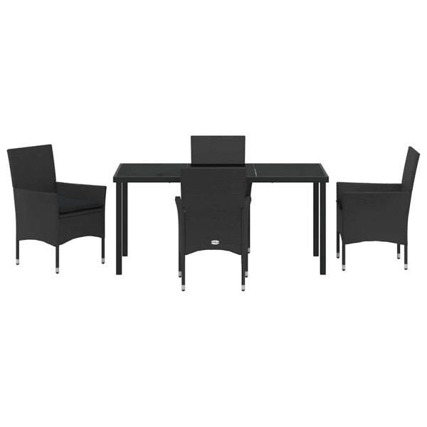 5-teiliges Garten-Essset mit Kissen Schwarz Poly-Rattan, Gartentisch Schwarz 160x80x73 cm Sicherheitsglas