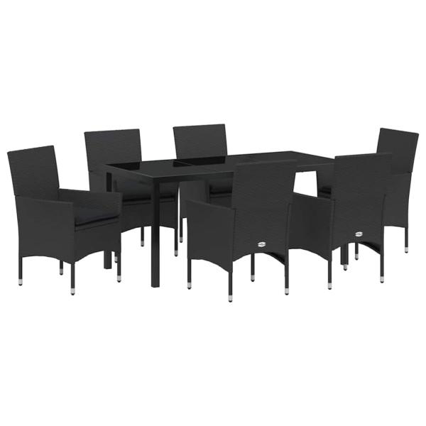 7-teiliges Garten Esstisch Set mit Kissen schwarzes Poly-Rattan, Gartentisch Schwarz 160x80x73 cm Sicherheitsglas