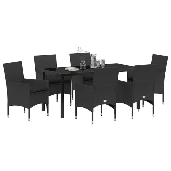 7-teiliges Garten Esstisch Set mit Kissen schwarzes Poly-Rattan, Gartentisch Schwarz 160x80x73 cm Sicherheitsglas