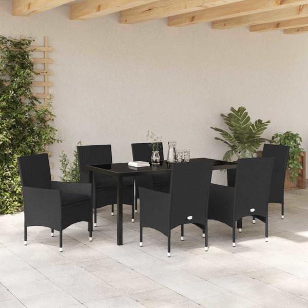 7-teiliges Garten Esstisch Set mit Kissen schwarzes Poly-Rattan, Gartentisch Schwarz 160x80x73 cm Sicherheitsglas