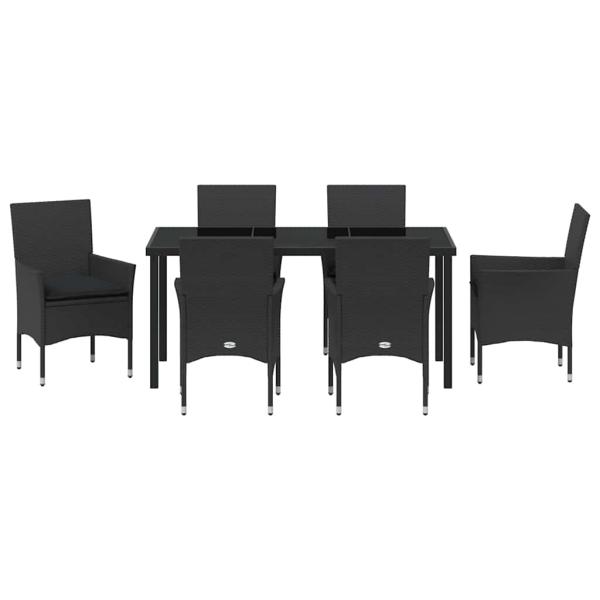 7-teiliges Garten Esstisch Set mit Kissen schwarzes Poly-Rattan, Gartentisch Schwarz 160x80x73 cm Sicherheitsglas