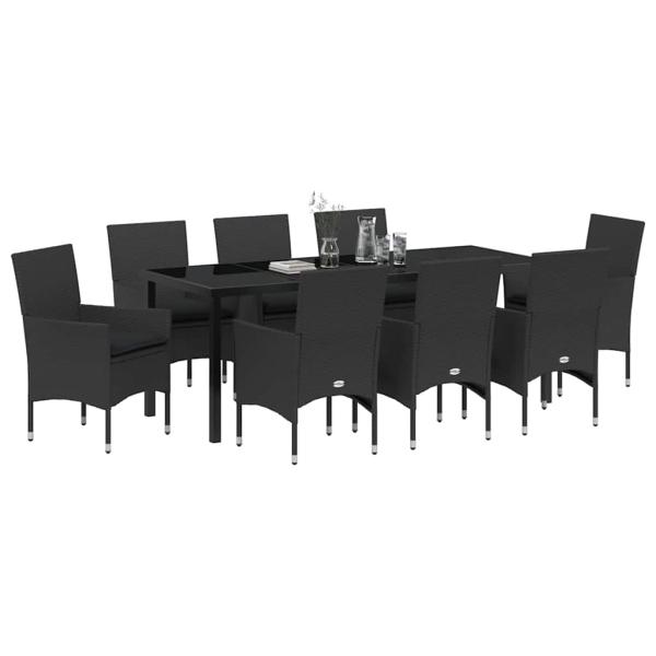 ARDEBO.de - 9-teiliges Garten-Essset mit Polstern Schwarzes Poly-Rattan, Gartentisch Schwarz 200x80x73 cm mit gehärtetem Glas