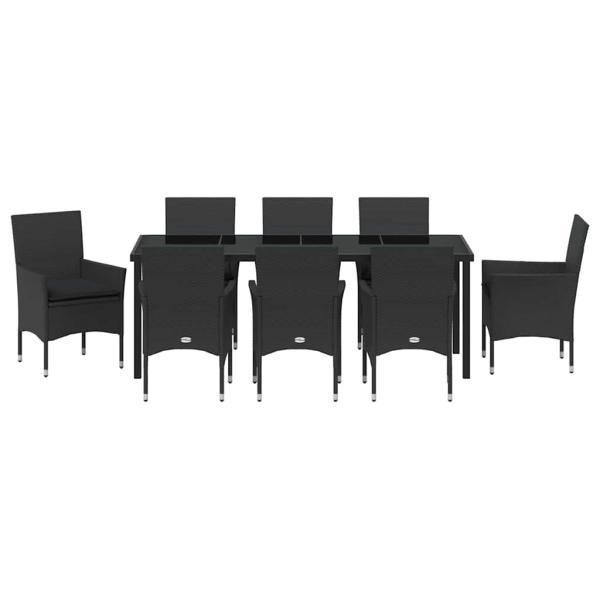 9-teiliges Garten-Essset mit Polstern Schwarzes Poly-Rattan, Gartentisch Schwarz 200x80x73 cm mit gehärtetem Glas
