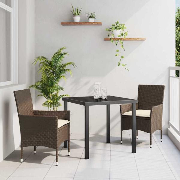 ARDEBO.de - 3-teilige Garten Essgruppe mit Kissen Braun Poly Rattan, Gartentisch Schwarz 80x80x73 cm Tempered Glass