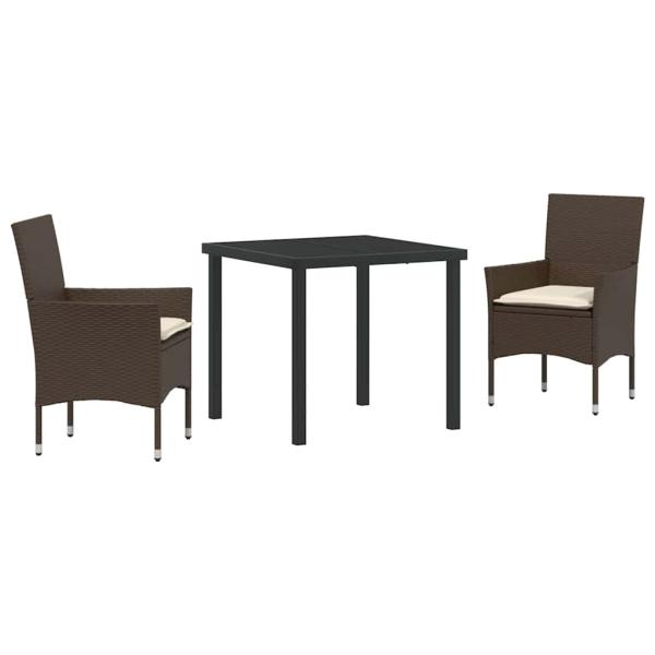3-teilige Garten Essgruppe mit Kissen Braun Poly Rattan, Gartentisch Schwarz 80x80x73 cm Tempered Glass