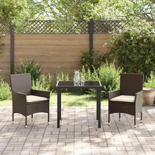 3-teilige Garten Essgruppe mit Kissen Braun Poly Rattan, Gartentisch Schwarz 80x80x73 cm Tempered Glass