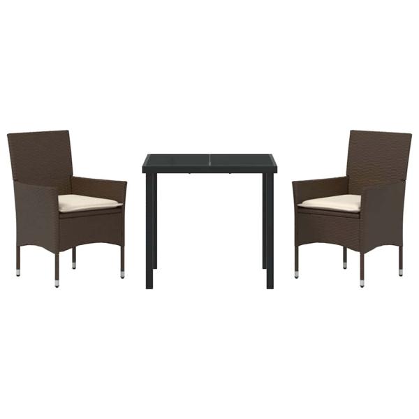 3-teilige Garten Essgruppe mit Kissen Braun Poly Rattan, Gartentisch Schwarz 80x80x73 cm Tempered Glass