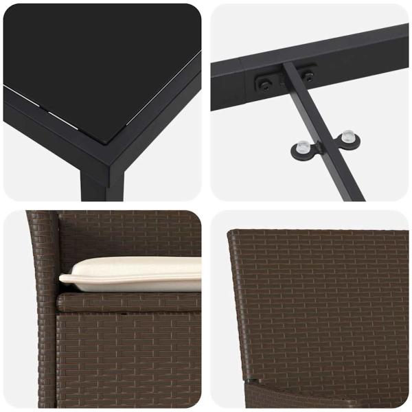 3-teilige Garten Essgruppe mit Kissen Braun Poly Rattan, Gartentisch Schwarz 80x80x73 cm Tempered Glass