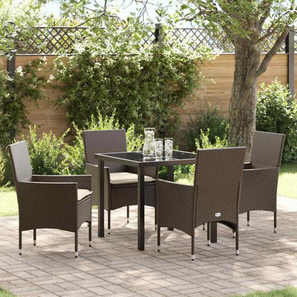 ARDEBO.de - 5-teilige Garten Essgruppe mit Kissen Braunes Poly Rattan, Gartentisch Schwarz 80x80x73 cm Sicherheitsglas