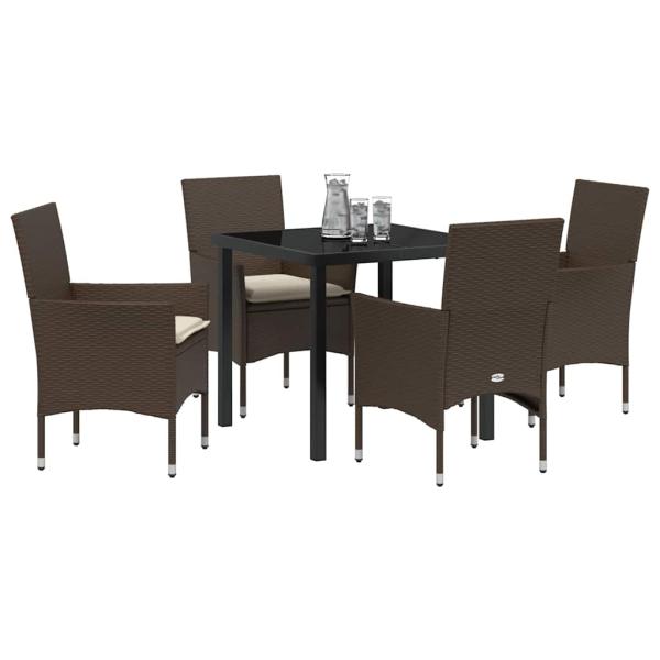 5-teilige Garten Essgruppe mit Kissen Braunes Poly Rattan, Gartentisch Schwarz 80x80x73 cm Sicherheitsglas