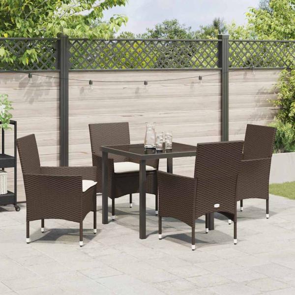 5-teilige Garten Essgruppe mit Kissen Braunes Poly Rattan, Gartentisch Schwarz 80x80x73 cm Sicherheitsglas